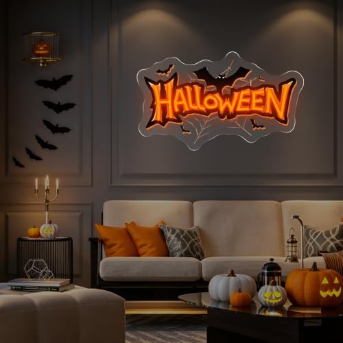 Happy Halloween Neon Sign, Bat Spider Web Halloween LED Light, 16.7"x9.8" - Image 5