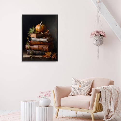 Vintage Pumpkin Still Life Wall Art – Antique Books with Fall Leaves Canvas Print,Dark Academia Autumn Aesthetic Poster for Reading Nook Decor 16x20in Black aluminum frame - Image 5