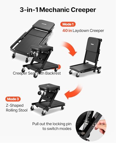 VEVOR 40 in 3-in-1 Folding Mechanic Creeper, Heavy Duty Z-Creeper Garage Roller, 480 lbs Under Car Rolling Creeper with 6 Swivel Casters, Padded Seat for Auto Repair - Image 2