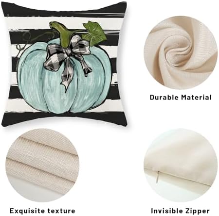 Fall Pillow Covers 18x18 Inch Pack of 2 Teal Blue Pumpkin Leaf Stripes Fall Decor Pillowcase Autumn Thanksgiving Decorative Outdoor Throw Pillow Covers Linen Farmhouse Cushion Case for Sofa Home - Image 7