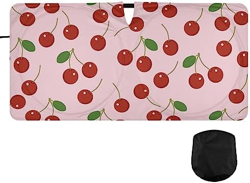 Red Cherry Car Windshield Sun Shade Fruit Pink Foldable Sunshade Front Window Visor Protector Blocks UV Rays Heat Keep Vehicle Cool (59 x 30 in)
