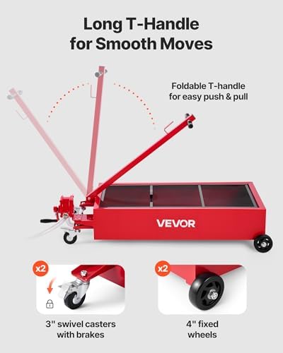 VEVOR Low Profile Oil Drain Pan, 20 Gallon Capacity, Rolling Oil Drain Pan with Manual Pump, 7.2 ft Hose & T Folding Handle, Leak-Proof & Corrosion-Resistant, Fit for Cars, SUVs, Trucks, ATVs, Red - Image 4