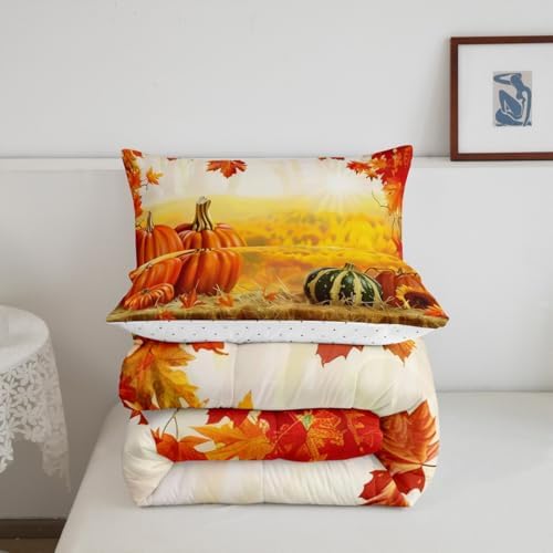 Feelyou Fall Bedding Set for Girls Boys Kids King Size Maple Leaves Pumpkin Comforter Cover Room Decor Daisy Botanical Floral Printed Duvet Cover Beige Orange Yellow Quilt Set - Image 2