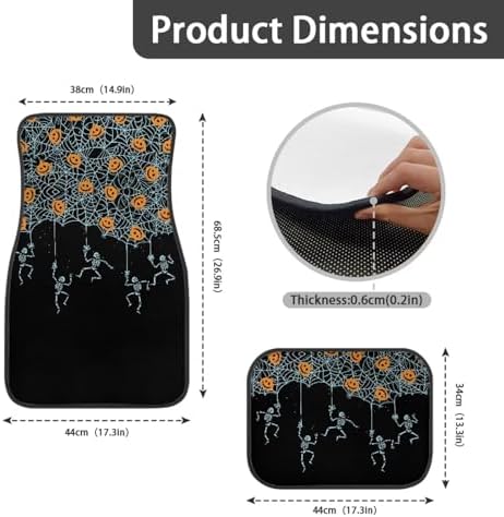 Aqua Spider Web Skeleton Black Print Funny Halloween Car Floor Mats 4 PCS, Cute Durable Interior Accessories for Car SUV, All Weather Floor Mats with Front Rear Trunk Liners Set for Party