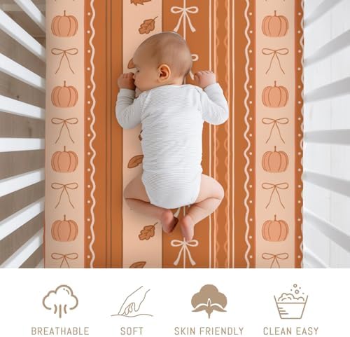 Orange Pumpkins Bows Stripes Baby Crib Sheets for Boy Girl Fall Autumn Leaves Soft Snug Fitted Crib Mattress Covers for 52''x28'' Standard Crib & Toddler Mattress Thanksgiving Harvest Baby Bed Sheets - Image 3