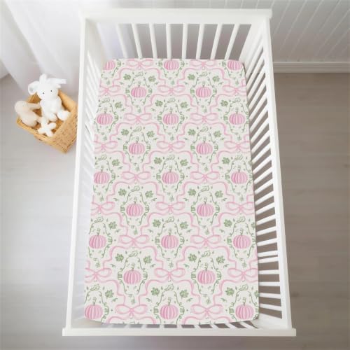 Fall Pink Pumpkins Bows Gingham Baby Crib Sheets for Girls Autumn Thanksgiving Harvest Soft Snug Fitted Crib Mattress Covers for 52''x28'' Standard Crib & Toddler Mattress Halloween Bed Sheets - Image 6