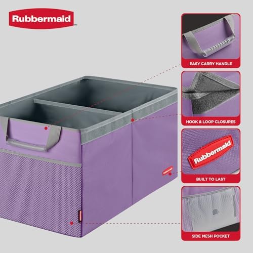 Rubbermaid Car Organizer, Collapsible Trunk Organizer, Multi-Compartment Car Storage Organization for Car Accessories, 2 Compartments With Cover, 21.65"*14.17"*12.2" - Purple