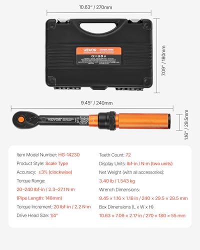 VEVOR 50Pcs Torque Wrench Set, 1/4 Inch Drive, 20-240IN.LB(2.3-27.1Nm), 72-Tooth Inch Pound Click Torque Wrench with Bit Sockets, Adapters, for MTB, E-Bike, Motorcycle - Image 7
