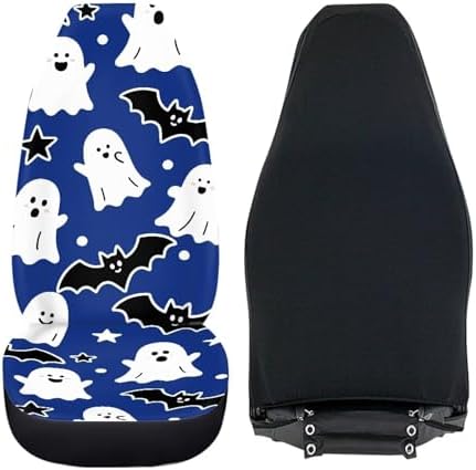 Car Seat Covers 2 Pcs Set, Halloween Ghost Bat Car Accessories for Auto Trucks Van SUV, Kawaii Ghost Cute Cartoon Pattern Auto Interior Protector Cover Set Blue