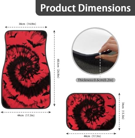 Red Black Tie Dye Bat Print Funny Halloween Car Floor Mats 4 PCS, Cute Durable Interior Accessories for Car SUV, All Weather Floor Mats with Front Rear Trunk Liners Set for Party