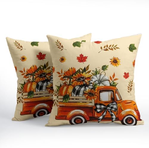 Fall Orange Truck Throw Pillow Covers 24x24 Set of 6 Buffalo Plaid Pumpkin Sunflower Thanksgiving Pillow Covers Plaid Bow Maple Leaves Pillowcase for Kitchen Sofa Cushion Outdoor Bedroom Decoration - Image 2