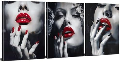 American Girl Canvas Wall Art Living Room Modern Abstract Women Red Lips Canvas Painting Fashion Female Framed Artwork Black and White Wall Decor for Woman Bedroom Bathroom Decoration 16x24 x3P by sunfrower