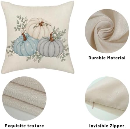 Fall White Teal Blue Pumpkin Leaf Pillow Covers 18x18 Set of 2 - Image 7