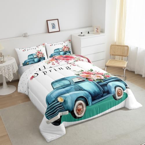 Spring Floral Truck Comforter Set Twin Size Kids Girls Boys Cartoon Watercolor Garden Plants Bedding Set 2pcs Cartoon Car Quilt Set Home Decor White Microfiber Duvet Insert,1 Pillowcase - Image 2