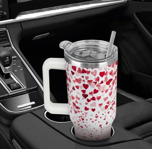 Valentines Tumbler 40oz Love Heart Tumbler Coffee Mugs Watercolor Heart Leak Proof Cups with Handle and Straw Stainless Steel Insulated Water Bottle for Valentine Decor Gifts for Women Her(1PCS) - Image 7
