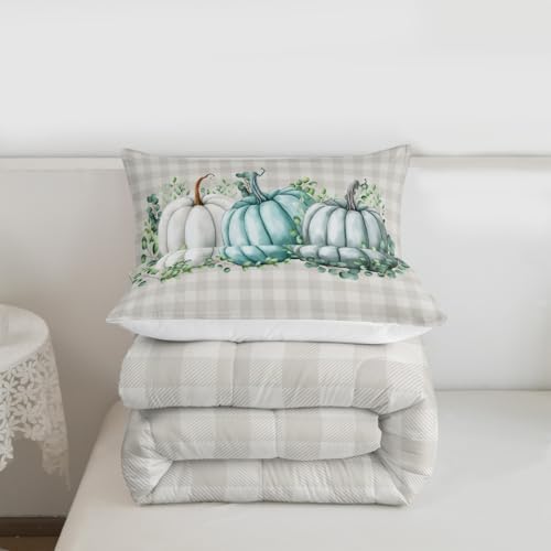 Erosebridal Pumpkins Comforter Set King Size Eucalyptus Leaves Bedding Set for Teens Kids Adult Fall Autumn Thanksgiving Harvest Vintage Down Comforter Blue Botanical Grid Bedroom Decor Quilted Duvet - Image 3