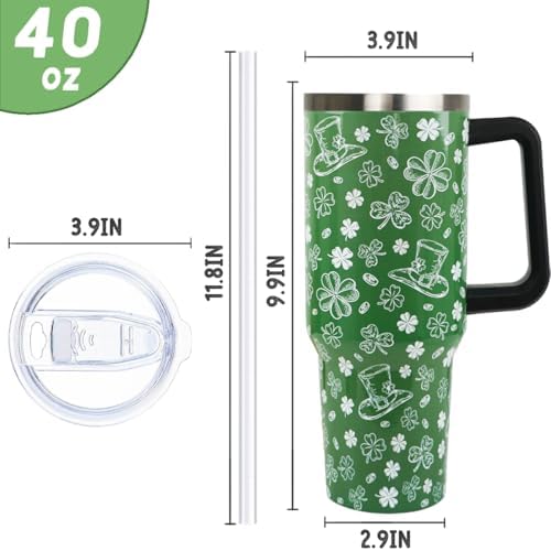 St. Patricks Day Tumbler 40oz Shamrock Tumbler Coffee Mugs Leak Proof Cups with Handle and Straw Stainless Steel Insulated Water Bottle for Lucky Irish Saint Patricks Decor Gifts(1PCS) - Image 4