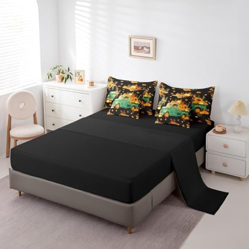 Erosebridal Thanksgiving Harvest Twin Comforter Set 7 Piece,Fall Pumpkin Truck Bedding Set with Sheets Farmhouse Maple Leaf Sunflower Bed in A Bag for Kids Adults Rustic Autumn Bed Set - Image 4
