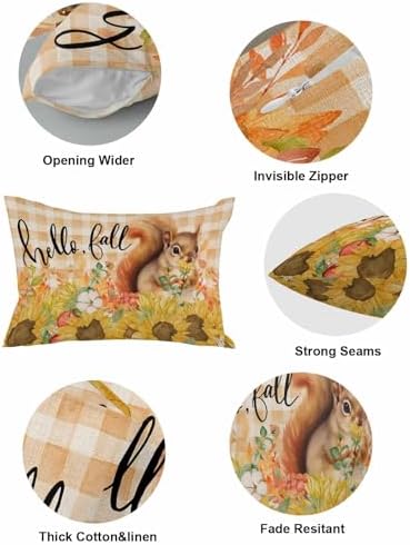 Fall Pillow Covers 12x20 Inch Set of 2, Thanksgiving Decorations Squirrel Sunflower Outdoor Throw Pillow Covers, Plaid Leaf Autumn Holiday Square Pillowcases for Patio Sofa Couch Bedroom Decorative - Image 5