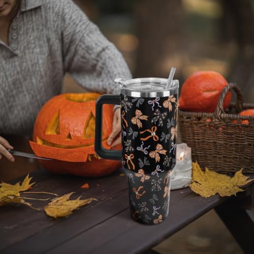 Halloween Tumbler with Handle 40oz Goth Skull Bow Candy Corn Spiderweb Coffee Travel Mug Stainless Steel Goth Insulated Cups Cute Halloween Decor Gifts - Image 2