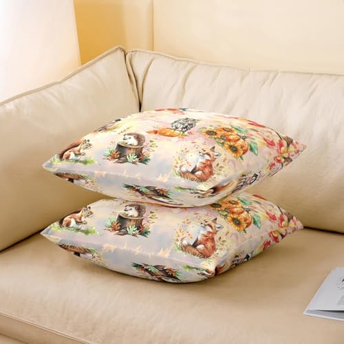 Autumn Animal Double Sides Print Pillow Covers,Cute Owl Fox Squirrel Natural Wild Animal Pillowcase 2 Pack Cushion Case 24"x 24",Fall Maple Leaves Pumpkin Botanical Throw Pillow Covers - Image 3