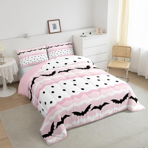 Cute Bat Bedding Set King Size Happy Halloween Animals Comforter Set 3Pcs for Kids Girls Boys Room Decor Pink Geometric Stripes Quilted Duvet Cute Black Gothic Dots Duvet Insert,2 Pillowcases - Image 2