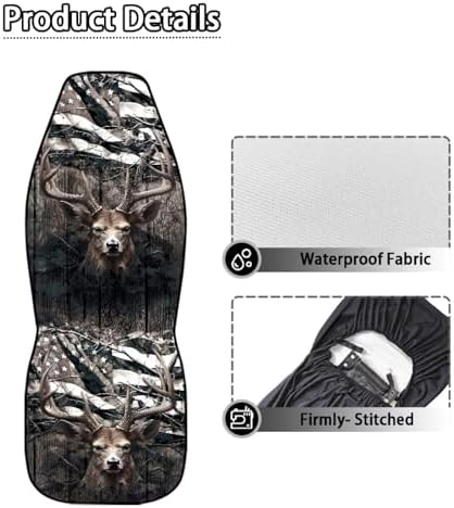Car Seat Covers 2 Pcs, Waterproof Universal Camo American Flag Deer Hunter Front Seat Protector, Easy Installation Car Interior Accessories Universal for Cars Truck SUV Van