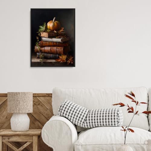 Vintage Pumpkin Still Life Wall Art – Antique Books with Fall Leaves Canvas Print,Dark Academia Autumn Aesthetic Poster for Reading Nook Decor 12x16in Black aluminum frame - Image 4
