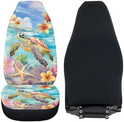 Sea Turtle 2pcs Car Seat Cover Set, Tropital Plumeria Car Seat Covers Full Set Accessories Auto Truck SUV, Hawaii Easy to Install Sedan Front Bench Cover