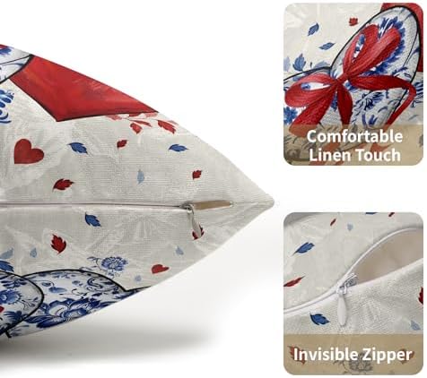 Valentines Day Pillow Covers 12x20 Set of 2 Red Blue Heart Throw Pillow Covers Love Pillowcase Linen Decoration Farmhouse Holiday Cozy Soft Cushion Case Couch for Indoor Outdoor Home Decor - Image 5