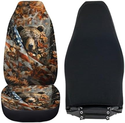 Camouflage Hunting Bear Car Seat Covers Breathable Front Seat Covers Easy Installation Stretch Polyester Fabric Cover Protection Interior Accessories Universal Fit Most Cars SUV