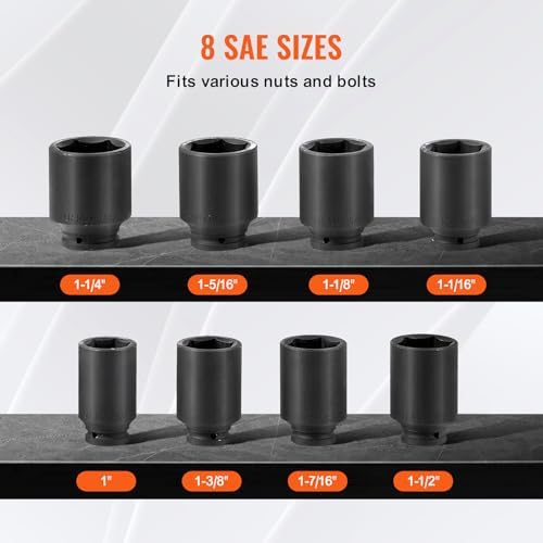 VEVOR Axle Nut Impact Socket Set - 3/4" Drive Deep 6-Point 8-Piece SAE Spindle Nut Socket CR-MO Heat Treated Large Socket Set with Storage Case for Auto Repair, Removing or Installing Axle Nuts - Image 3