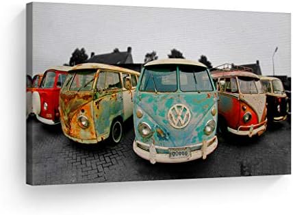 Smile Art Design Decorative Canvas Print Vintage Van Bus Art Modern Wall Decor Artwork Wrapped Wood Stretcher Bars -%100 Handmade in the USA - Ready to Hang 15x22 by SmileArtDesign