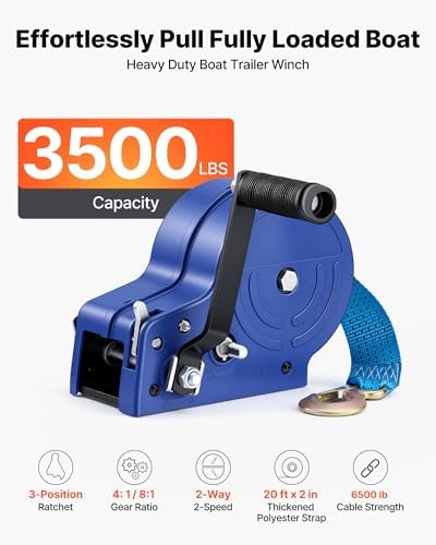 VEVOR Boat Winch, 3500 lbs Hand Winch, Heavy Duty Manual Rope Crank with 20ft Gray-Black Polyester Strap, Portable Two-Way Ratchet, Anti-Slip Handle Gear for Boat Trailer ATV Towing - Image 2
