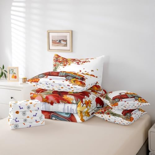 Thanksgiving Pumpkin Full Comforter Set,7 Pieces Soft Microfiber Maple Leaves Truck Sunflower Comforters with Fitted Sheet,Flat Sheet,2 Pillow Shams,and 2 Pillowcases- Autumn Harvest Bedding Sets - Image 5