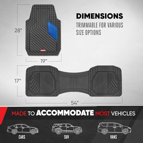 Motor Trend MetallicGuard Car Floor Mats Full Set - Durable Rubber Floor Mats with Blue Metallic Heel Pad, All-Weather Interior Protection for Front and Rear with Non-Slip Backing