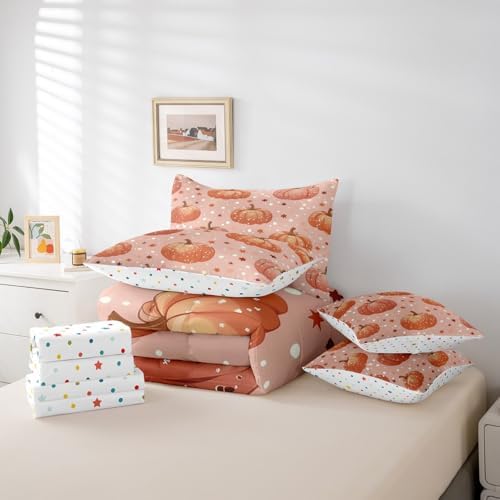 Erosebridal Autumn Full Comforter Set 7 Piece Fall Pumpkin Bedding Sets for Kids Girls Adults Women,Boho Stars Bed in A Bag Vintage Pumpkins Sheet Set with Comforter,Pillow Casea,Pillow Covers - Image 6