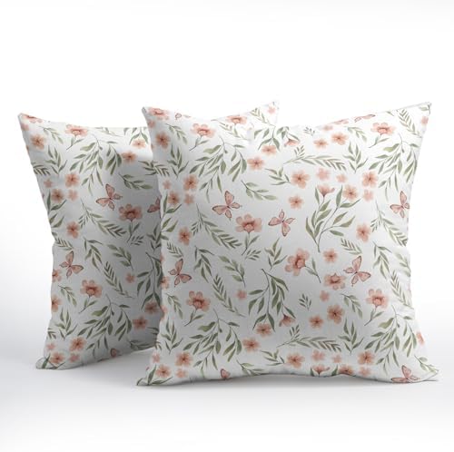 Spring Pillow Covers 20x20 Set of 2 Sage Green Pink Floral Throw Pillow Covers Boho Pillowcase Linen Decoration Farmhouse Soft Decorative Butterfly Cushion Case Couch for Indoor Outdoor Home Decor - Image 2