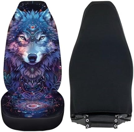 Galaxy Wolf Print Car Seat Covers for Women Men Purple Mandala Flowers Non-Slip Automobile Seat Covers Mats Pads for SUV Truck Van Chairs Front Seat Cushion Car Interior Protection