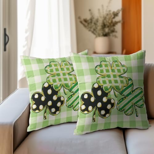 St Patricks Day Pillow Covers 24x24 Set of 2 Shamrock Clover Sage Green Throw Pillow Covers Spring Pillowcase Linen Farmhouse Decorative Buffalo Plaid Cushion Case Couch for Indoor Home Decor - Image 3