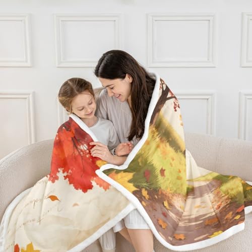 Fall Maple Leaf Sherpa Blanket Country Style Road Throw Blanket Bedroom Living Room Soft Cozy Harvest Thanksgiving Day Blankets Decor for Bed Couch Sofa Orange Yellow Green Flannel Blankets 90"x90" - Image 2