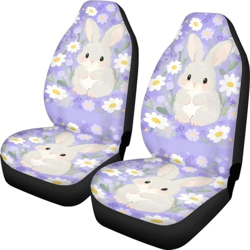 Rabbit Car Seat Covers Universal Accessories 2 Pcs Set, Kawaii Daisy Cartoon Bunny Car Accessories for Auto Trucks Van SUV, Rural Flower Field Auto Interior Protector Set