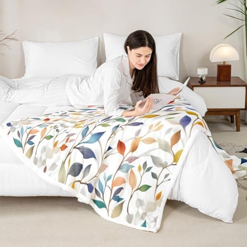 Colorful Leaves Throw Blanket Botanical Plants Farmhouse Fleece Flannel Blankets Kids Boys Girls Room Decor Country Style Bed Blankets for Bed Sofa Couch White Blue Grren Plush Blanket Baby 30"x40" - Image 4