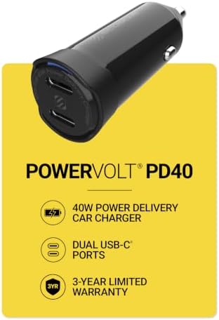 Scosche CPDCC40M PowerVolt 40W Certified Dual Port USB-C Car Charger, Flush Cigarette Lighter Adapter, Fast Charging Car Plug for 12V Power Outlet Compatible with iPhone, Galaxy and All USB-C Devices