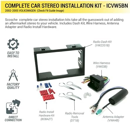 Scosche ICVW5BN Double DIN Radio Install Dash Kit and Harness Compatible with Select 2002-2005 Non-Amplified Volkswagen Vehicles - Complete Basic Car Stereo Installation Kit - Does Not Retain SWC