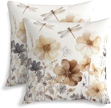 KiuLoam Rustic Floral Pillow Covers 20x20 Inch Set of 2, Gray Brown Watercolor Flower Farmhouse Decorative Throw Pillows, Neutral Outdoor Square Cushion Cases for Sofa Couch Bed Home Decor by KiuLoam
