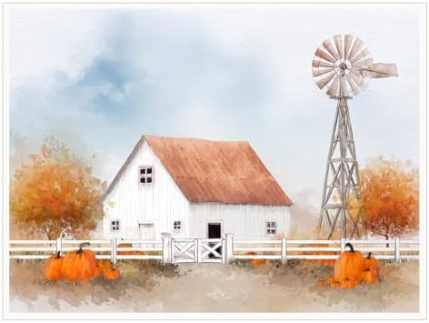 White Barn with Pumpkins Wall Art – Autumn Farmhouse Landscape Poster,Rustic Fall Windmill Canvas Print for Entryway or Thanksgiving Dining Room Decor 11x14in Unframed by Unknown