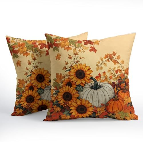 Fall Sunflower Pillow Covers 18x18 Set of 2 Pumpkin Thanksgiving Harvest - Image 2