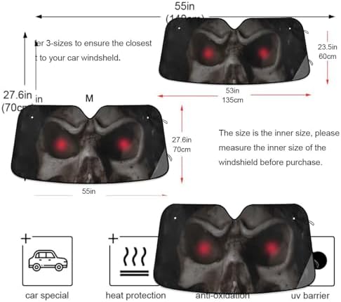 Skull Car Windshield Sun Shade Red Eyes Black Foldable UV Ray Sun Visor Protector Sunshade to Keep Your Vehicle Cool (57" x 31.5")