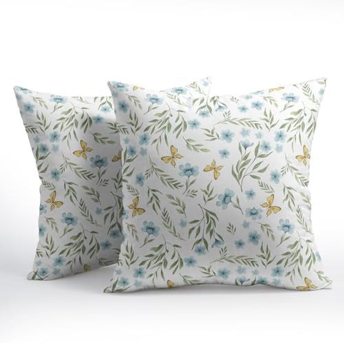 Blue Green Spring Pillow Covers 20x20 Set of 2 Floral Throw Pillow Covers Flower Boho Pillowcase Linen Decoration Farmhouse Soft Decorative Butterfly Vintage Cushion Case Couch for Indoor Home Decor - Image 2